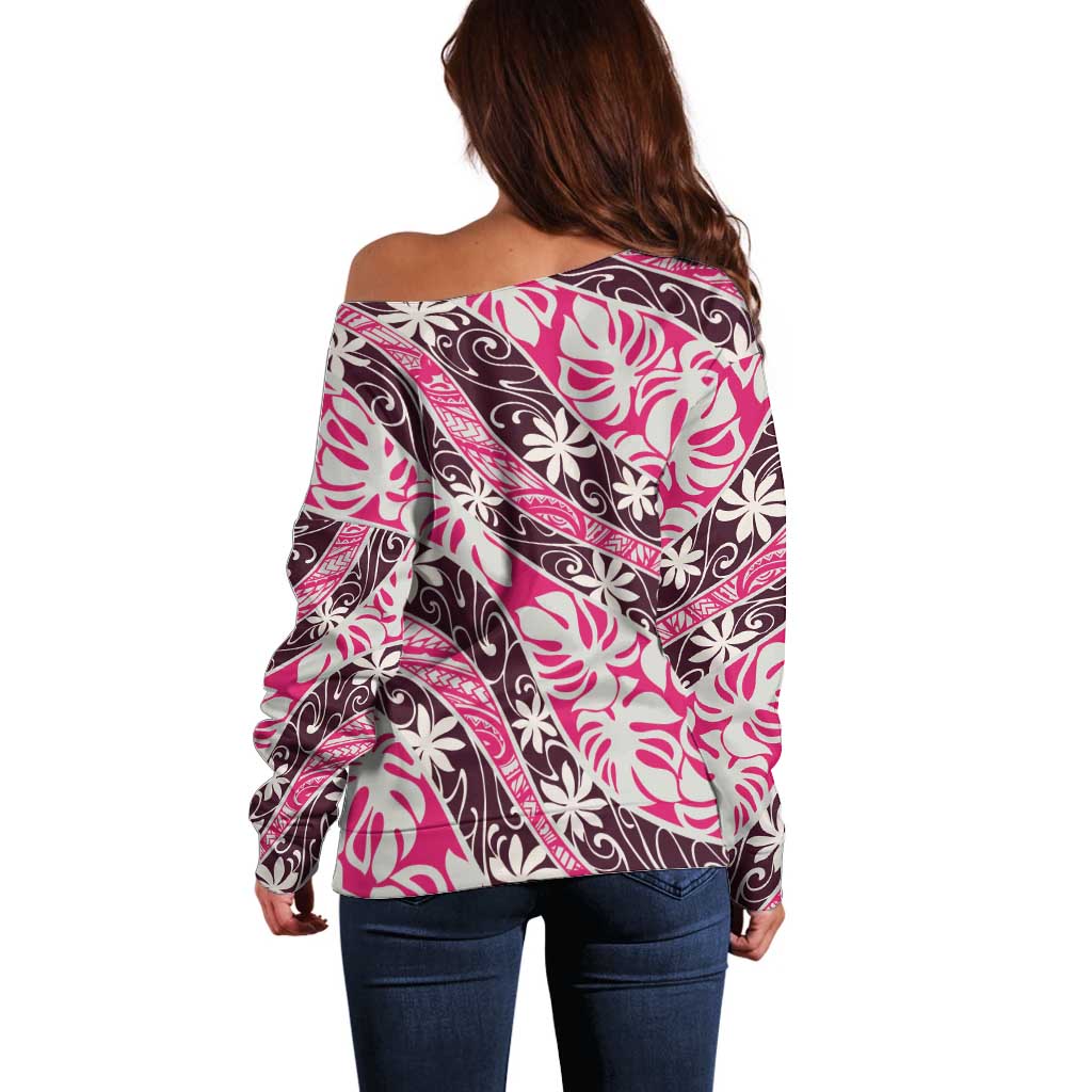 Tarona Tahiti Tiare Monstera Off Shoulder Sweater Polynesian Pattern Curve Style - Polynesian Pride
