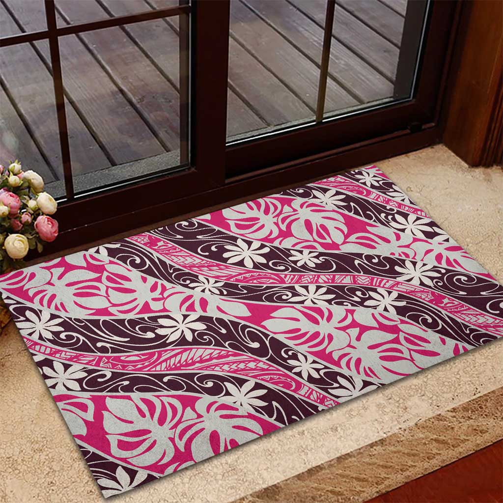 Tarona Tahiti Tiare Monstera Rubber Doormat Polynesian Pattern Curve Style - Polynesian Pride