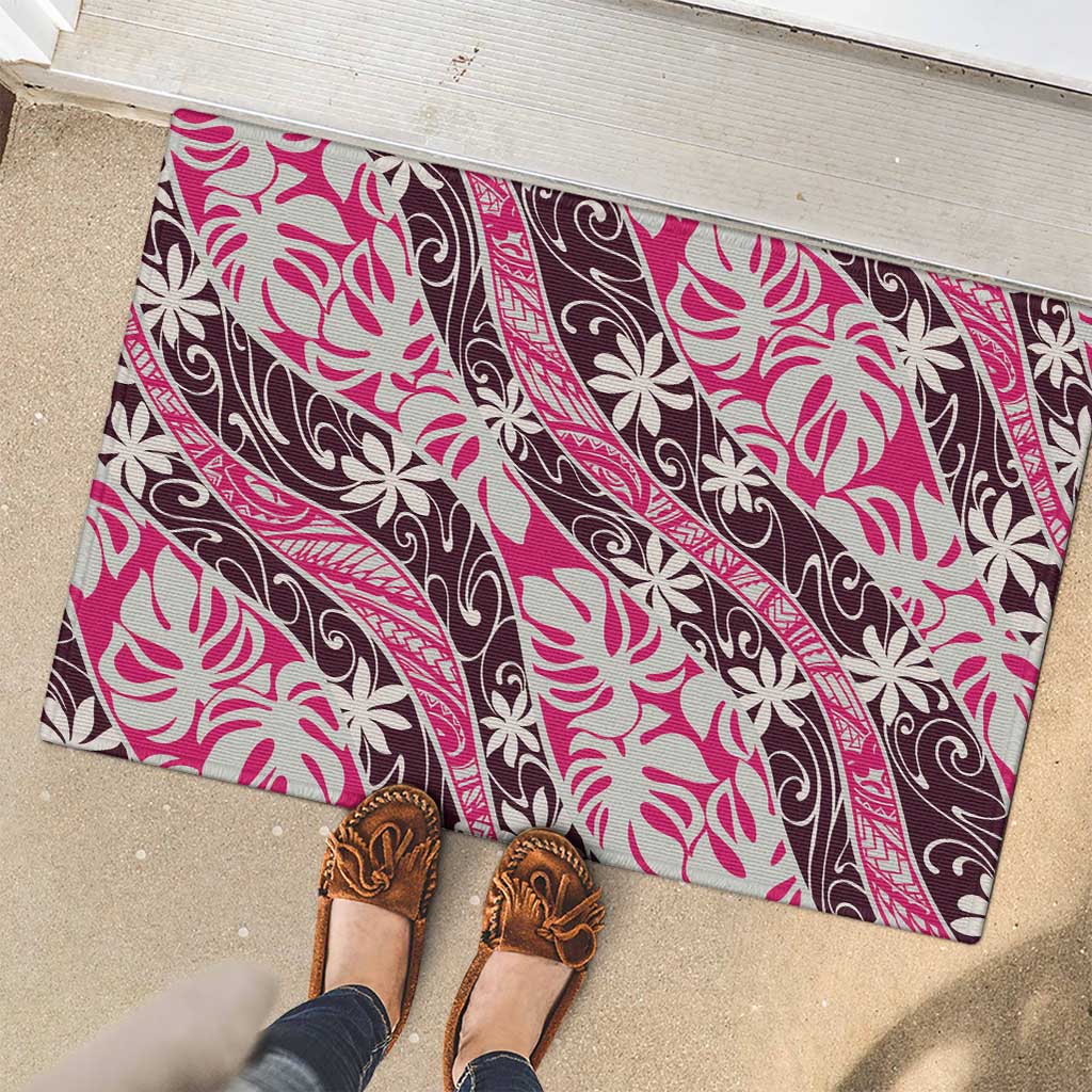 Tarona Tahiti Tiare Monstera Rubber Doormat Polynesian Pattern Curve Style - Polynesian Pride