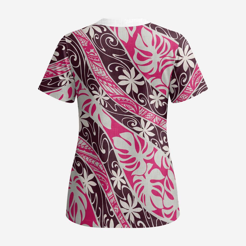 Tarona Tahiti Tiare Monstera Scrub Top Polynesian Pattern Curve Style - Polynesian Pride