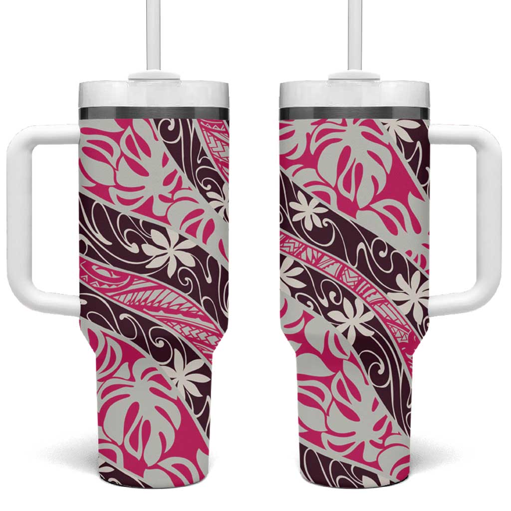 Tarona Tahiti Tiare Monstera Tumbler With Handle Polynesian Pattern Curve Style LT01 One Size: 40 oz Pink - Polynesian Pride