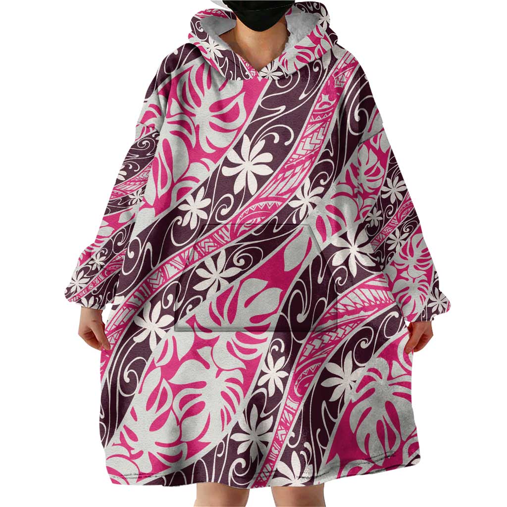 Tarona Tahiti Tiare Monstera Wearable Blanket Hoodie Polynesian Pattern Curve Style - Polynesian Pride