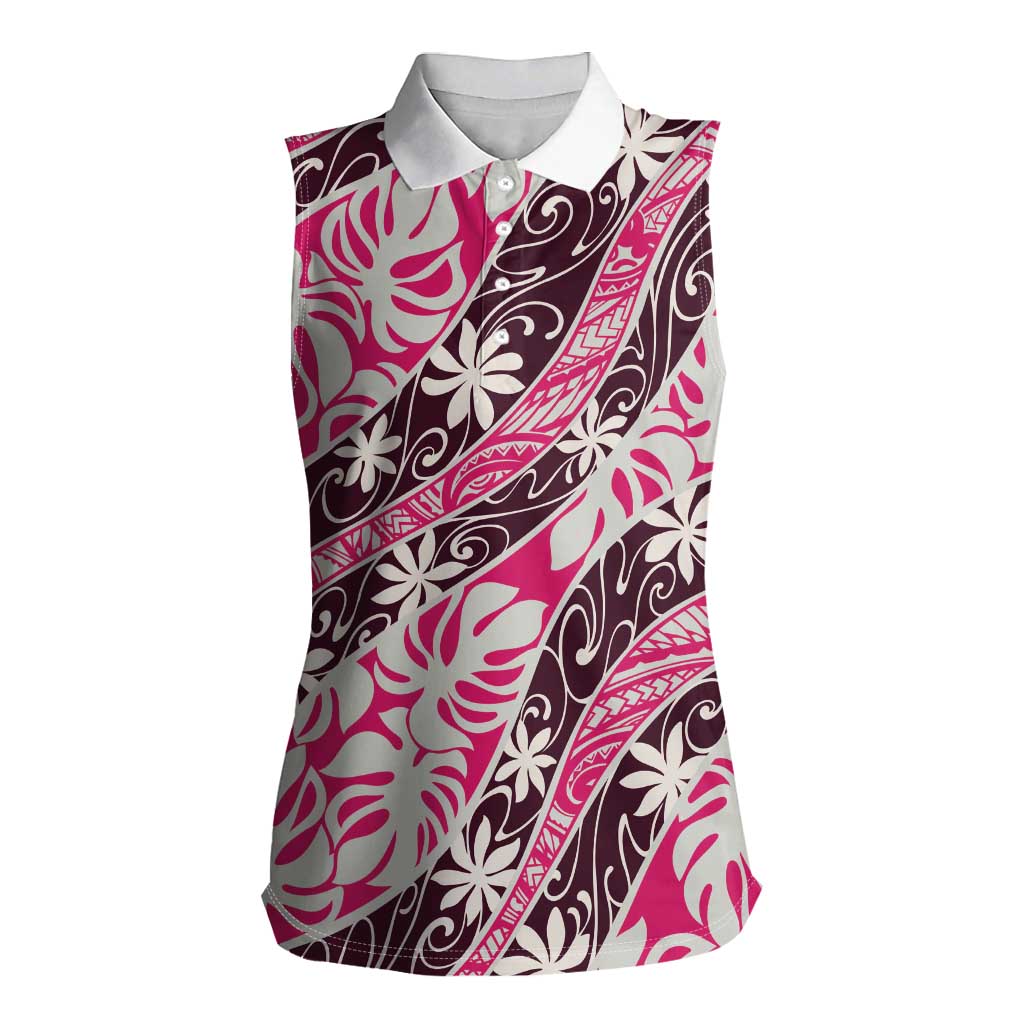 Tarona Tahiti Tiare Monstera Women Sleeveless Polo Shirt Polynesian Pattern Curve Style - Polynesian Pride