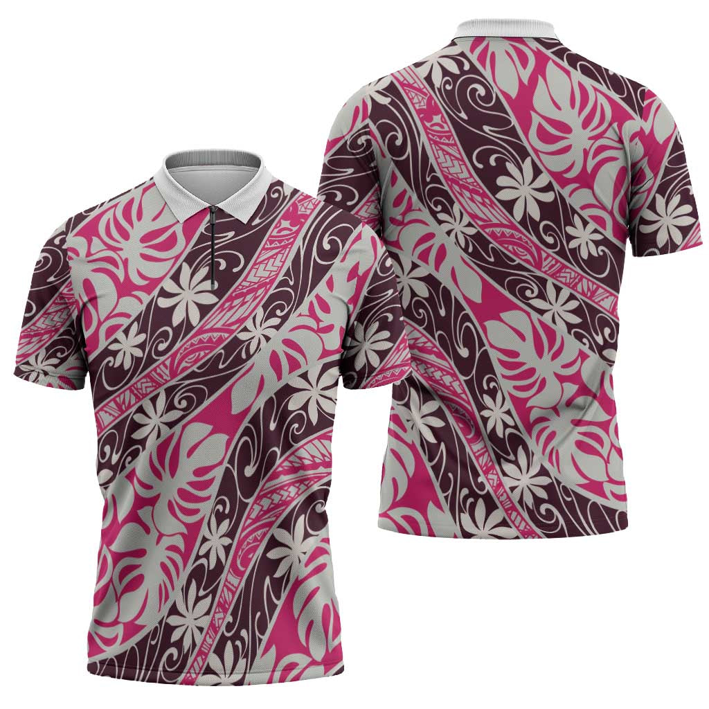 Tarona Tahiti Tiare Monstera Zipper Polo Shirt Polynesian Pattern Curve Style - Polynesian Pride