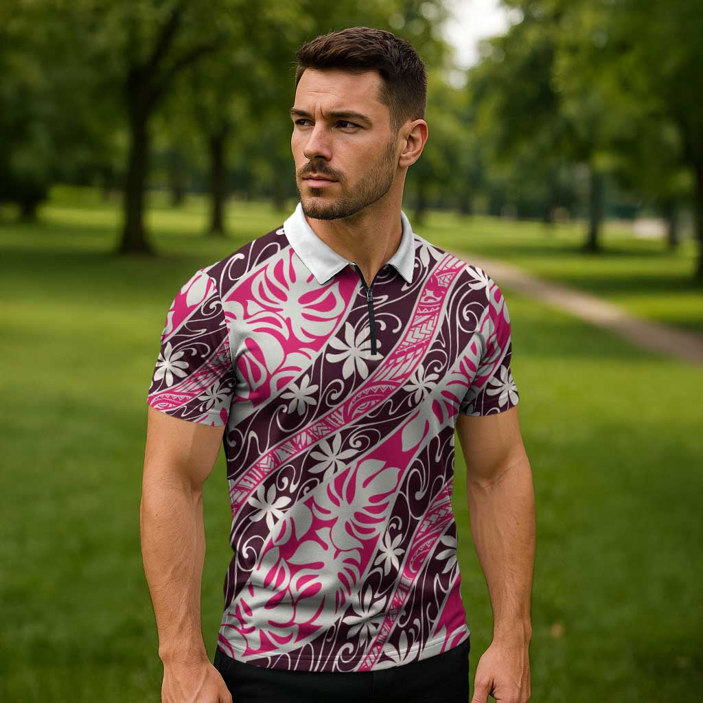 Tarona Tahiti Tiare Monstera Zipper Polo Shirt Polynesian Pattern Curve Style - Polynesian Pride