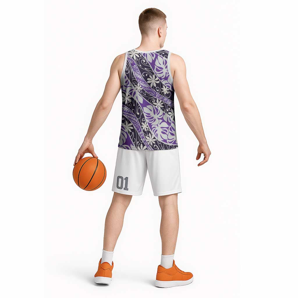 Vareau Tahiti Tiare Monstera Basketball Jersey Polynesian Pattern Curve Style - Polynesian Pride
