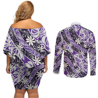 Vareau Tahiti Tiare Monstera Couples Matching Off Shoulder Short Dress and Long Sleeve Button Shirt Polynesian Pattern Curve Style - Polynesian Pride