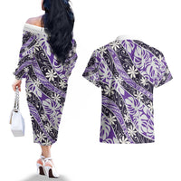 Vareau Tahiti Tiare Monstera Couples Matching Off The Shoulder Long Sleeve Dress and Hawaiian Shirt Polynesian Pattern Curve Style - Polynesian Pride
