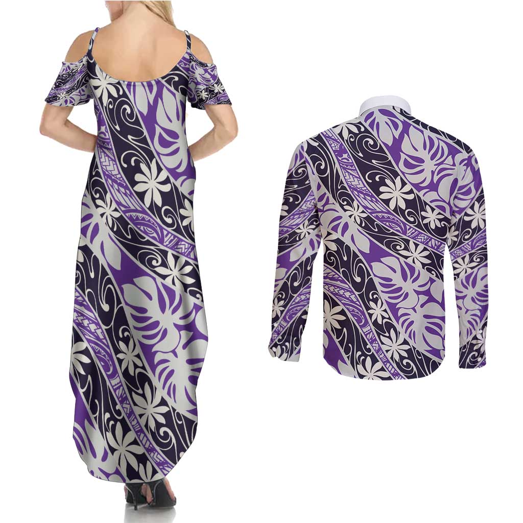 Vareau Tahiti Tiare Monstera Couples Matching Summer Maxi Dress and Long Sleeve Button Shirt Polynesian Pattern Curve Style - Polynesian Pride