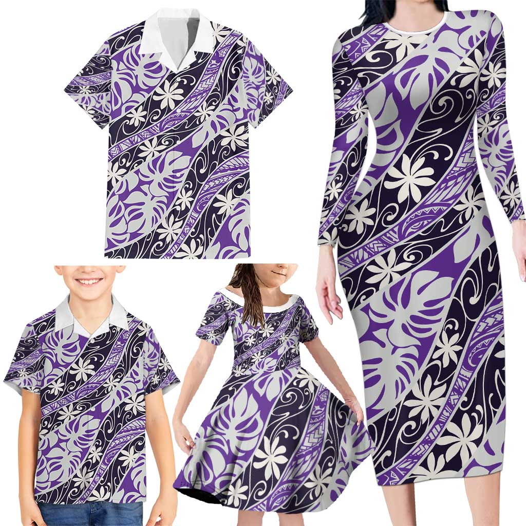 Vareau Tahiti Tiare Monstera Family Matching Long Sleeve Bodycon Dress and Hawaiian Shirt Polynesian Pattern Curve Style - Polynesian Pride