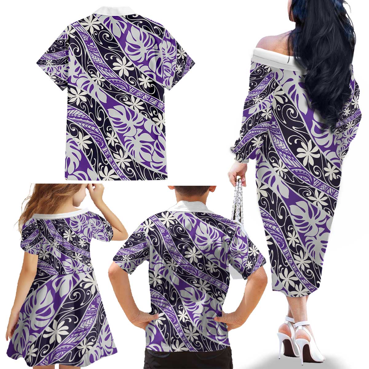 Vareau Tahiti Tiare Monstera Family Matching Off The Shoulder Long Sleeve Dress and Hawaiian Shirt Polynesian Pattern Curve Style - Polynesian Pride
