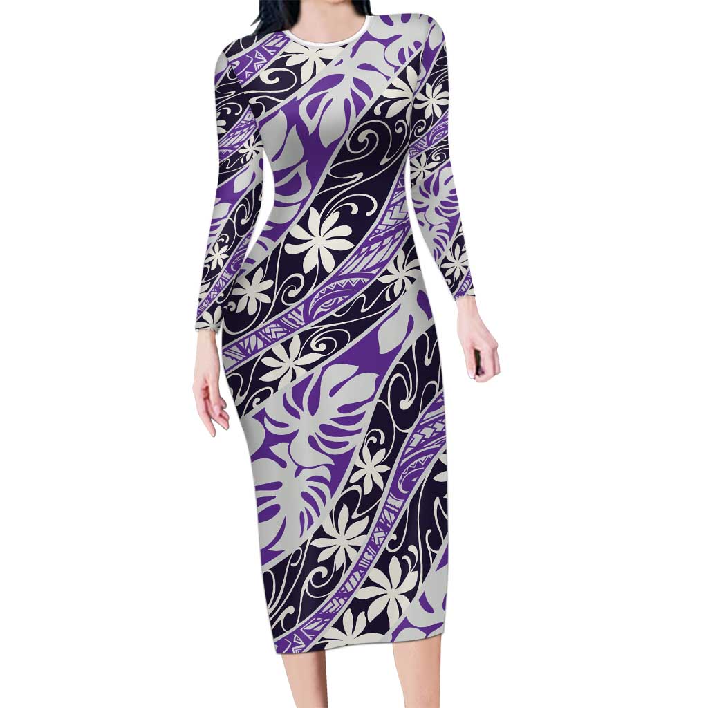 Vareau Tahiti Tiare Monstera Long Sleeve Bodycon Dress Polynesian Pattern Curve Style - Polynesian Pride