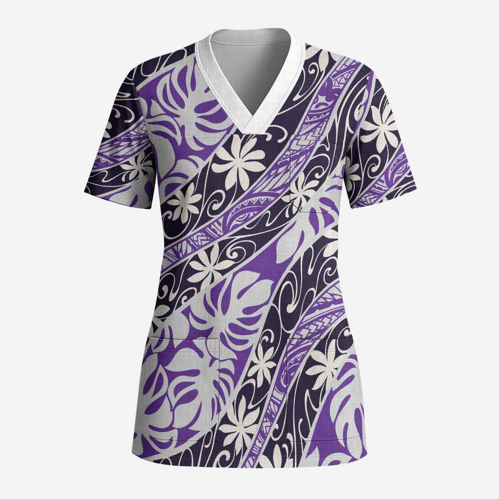 Vareau Tahiti Tiare Monstera Scrub Top Polynesian Pattern Curve Style - Polynesian Pride
