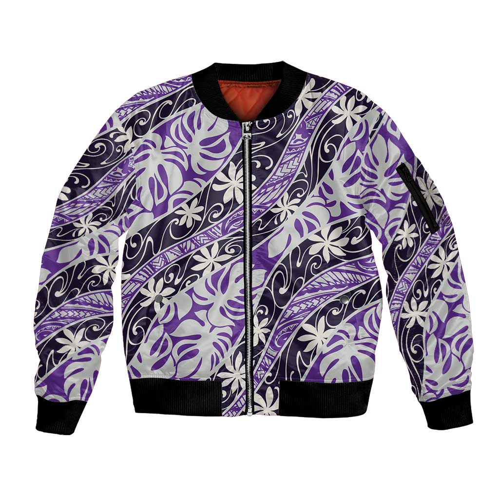 Vareau Tahiti Tiare Monstera Sleeve Zip Bomber Jacket Polynesian Pattern Curve Style - Polynesian Pride