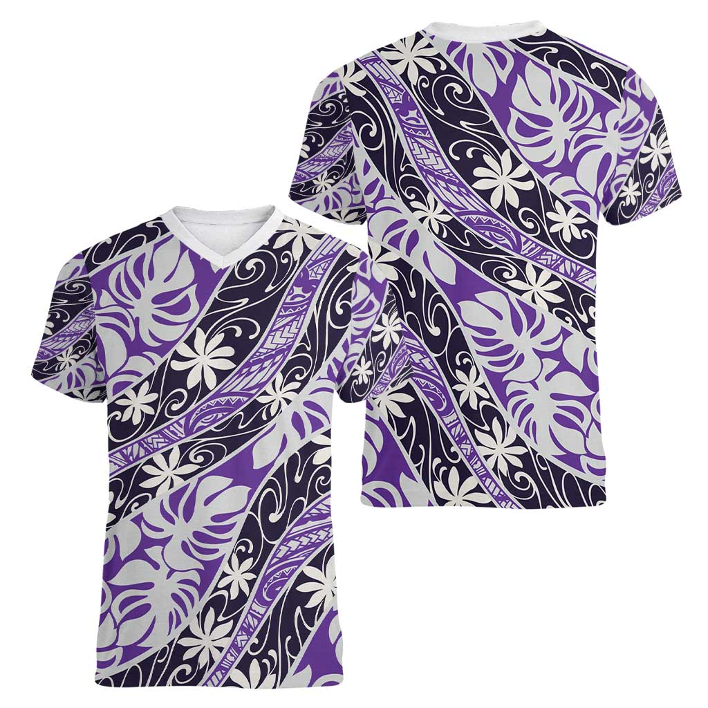 Vareau Tahiti Tiare Monstera Women V-Neck T-Shirt Polynesian Pattern Curve Style - Polynesian Pride