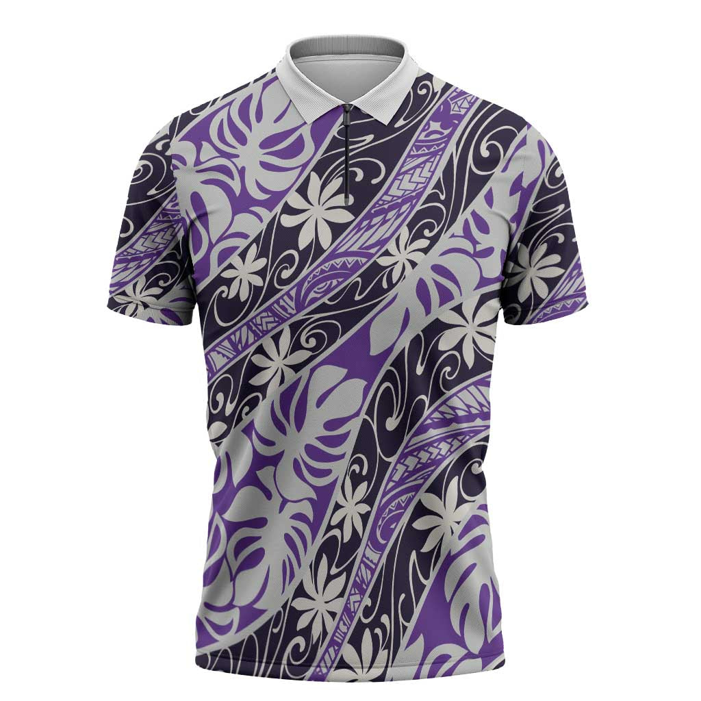 Vareau Tahiti Tiare Monstera Zipper Polo Shirt Polynesian Pattern Curve Style - Polynesian Pride