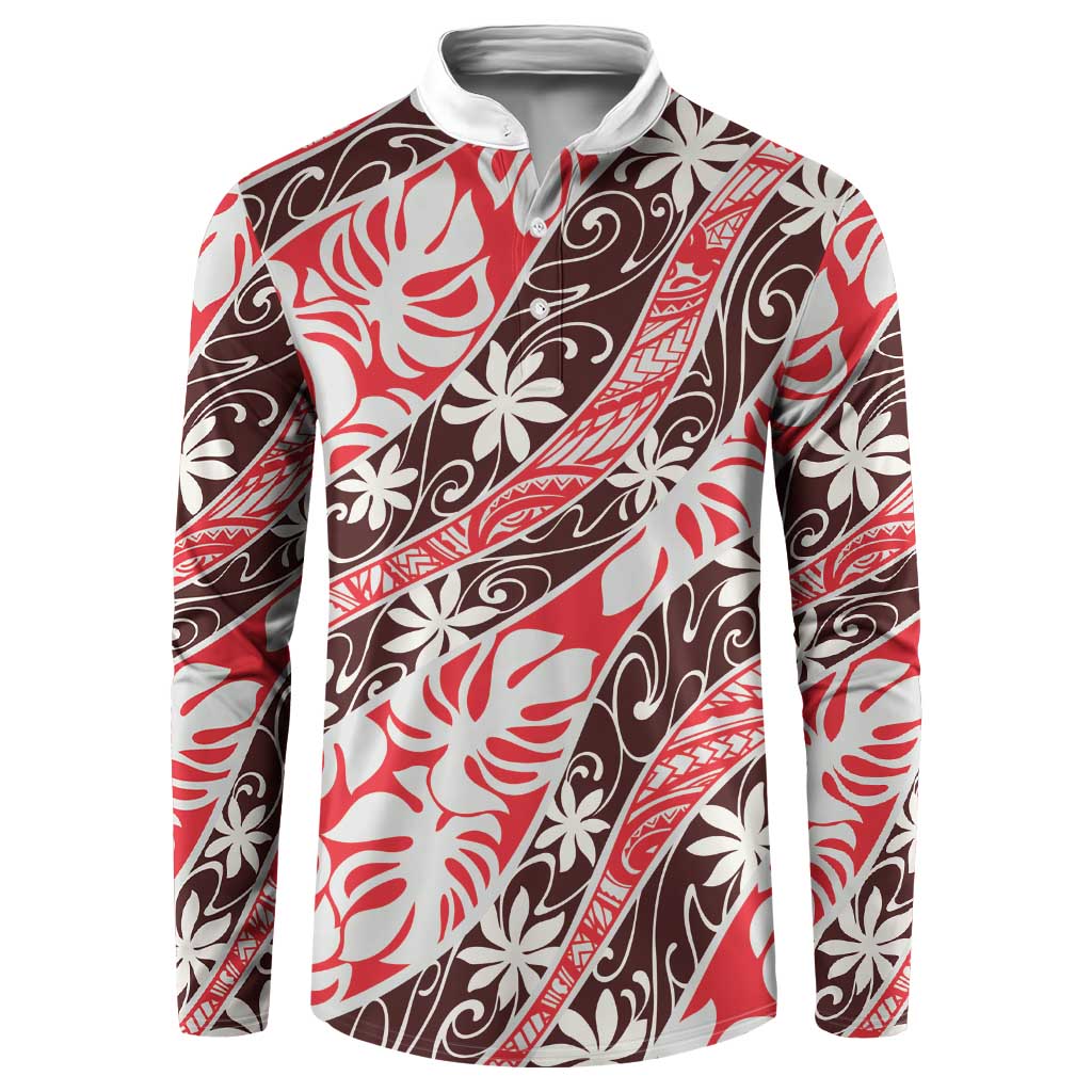 Uteute Tahiti Tiare Monstera Button Sweatshirt Polynesian Pattern Curve Style - Polynesian Pride
