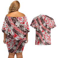 Uteute Tahiti Tiare Monstera Couples Matching Off Shoulder Short Dress and Hawaiian Shirt Polynesian Pattern Curve Style - Polynesian Pride