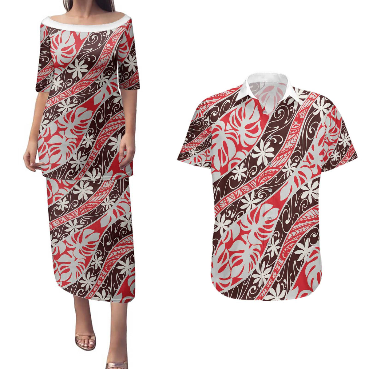 Uteute Tahiti Tiare Monstera Couples Matching Puletasi and Hawaiian Shirt Polynesian Pattern Curve Style - Polynesian Pride