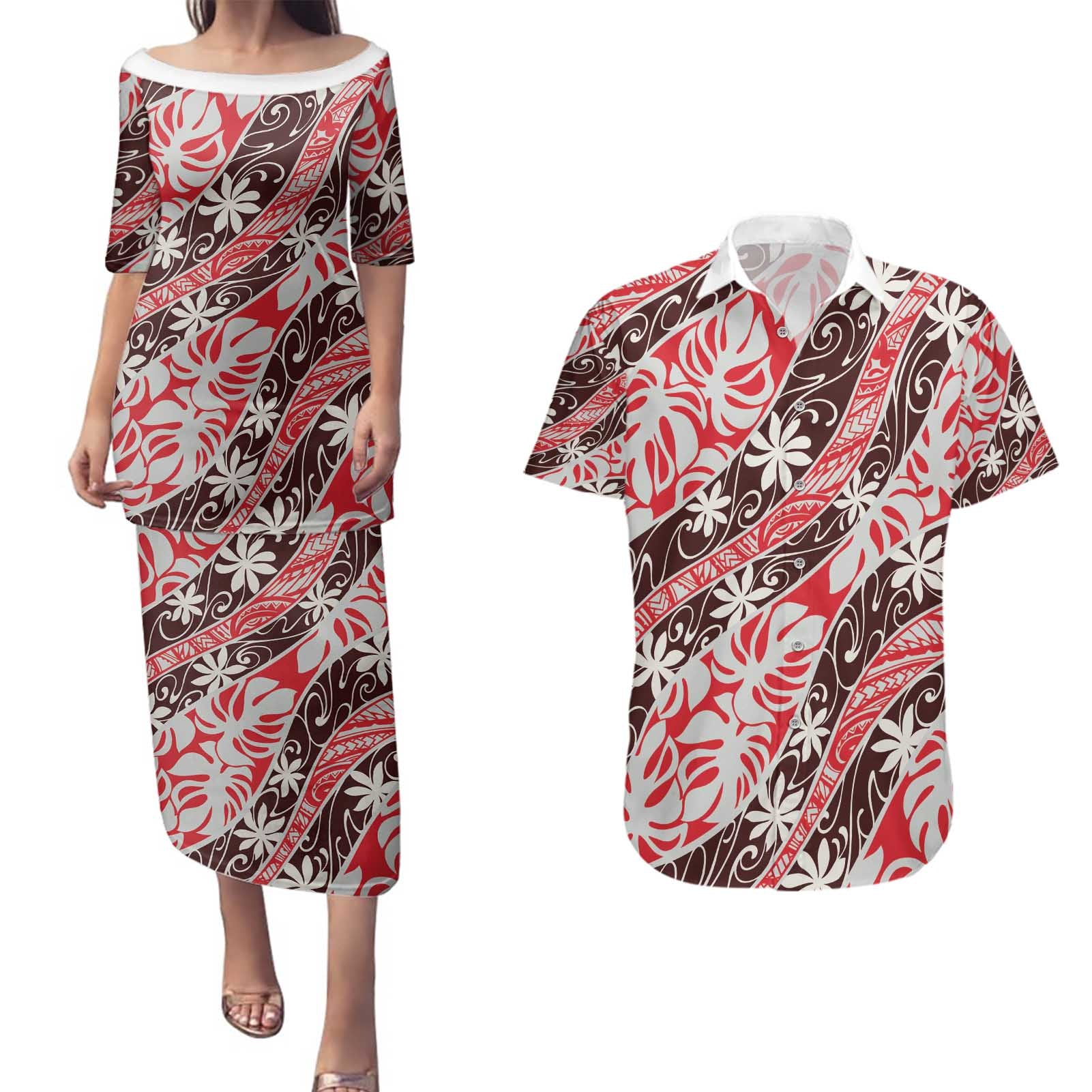 Uteute Tahiti Tiare Monstera Couples Matching Puletasi and Hawaiian Shirt Polynesian Pattern Curve Style - Polynesian Pride