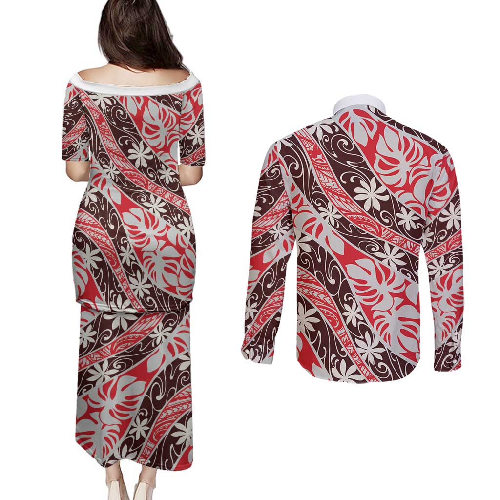 Uteute Tahiti Tiare Monstera Couples Matching Puletasi and Long Sleeve Button Shirt Polynesian Pattern Curve Style - Polynesian Pride