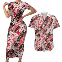 Uteute Tahiti Tiare Monstera Couples Matching Short Sleeve Bodycon Dress and Hawaiian Shirt Polynesian Pattern Curve Style - Polynesian Pride