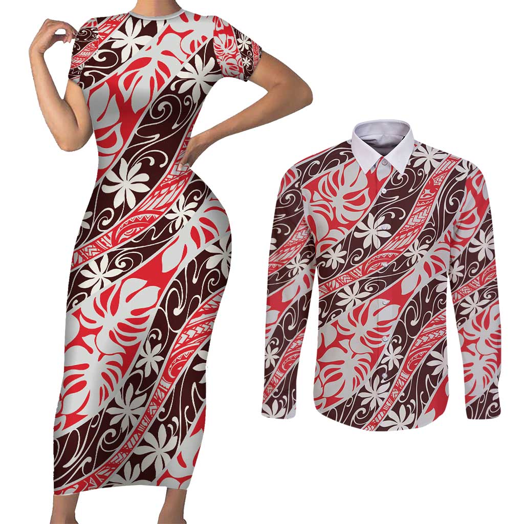 Uteute Tahiti Tiare Monstera Couples Matching Short Sleeve Bodycon Dress and Long Sleeve Button Shirt Polynesian Pattern Curve Style - Polynesian Pride