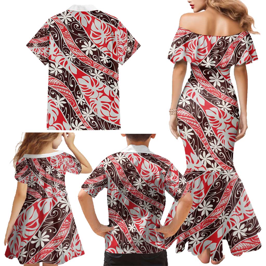 Uteute Tahiti Tiare Monstera Family Matching Mermaid Dress and Hawaiian Shirt Polynesian Pattern Curve Style - Polynesian Pride