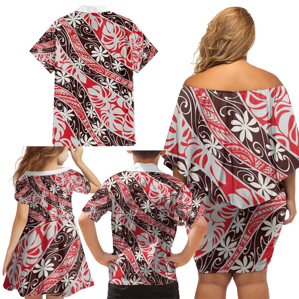 Uteute Tahiti Tiare Monstera Family Matching Off Shoulder Short Dress and Hawaiian Shirt Polynesian Pattern Curve Style - Polynesian Pride