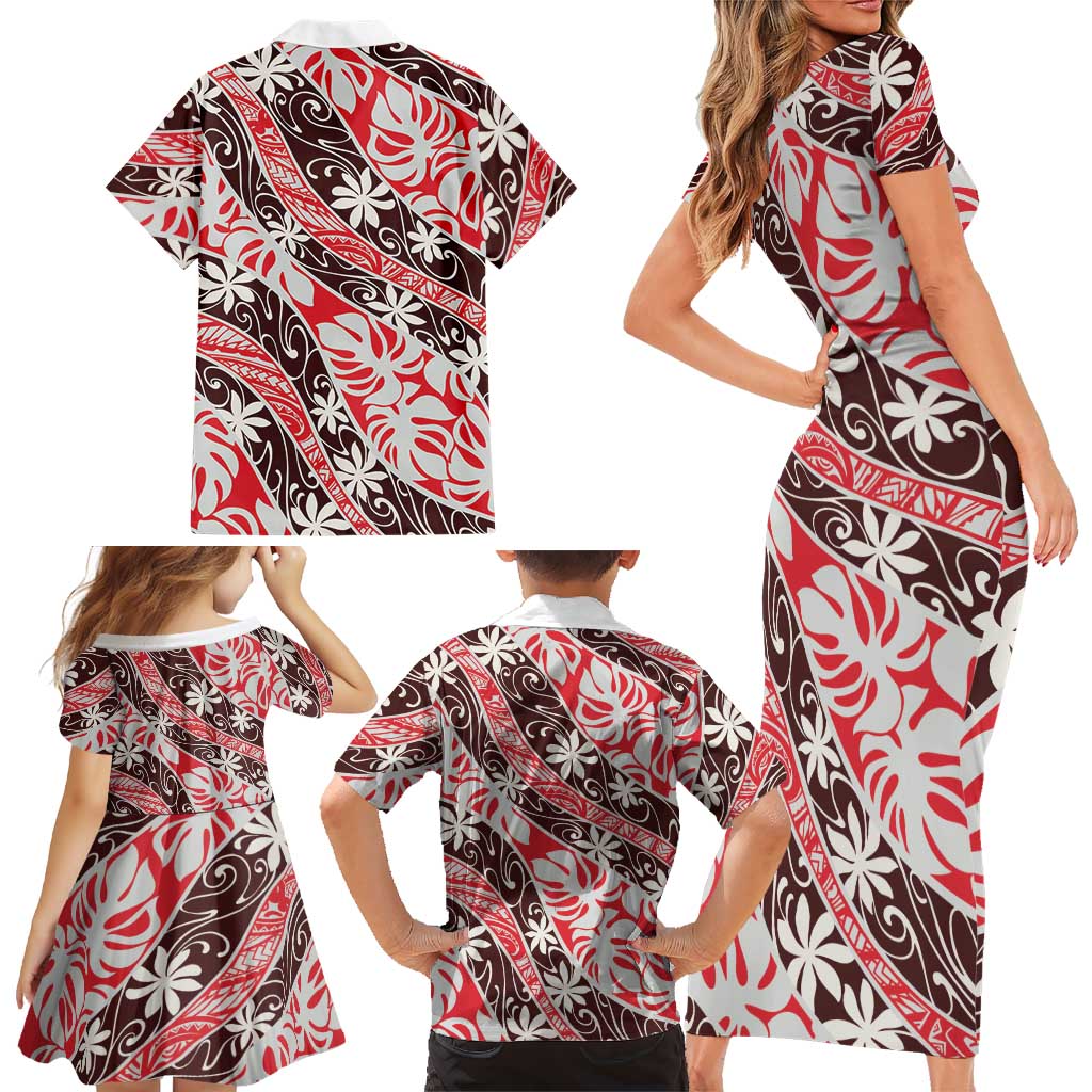 Uteute Tahiti Tiare Monstera Family Matching Short Sleeve Bodycon Dress and Hawaiian Shirt Polynesian Pattern Curve Style - Polynesian Pride