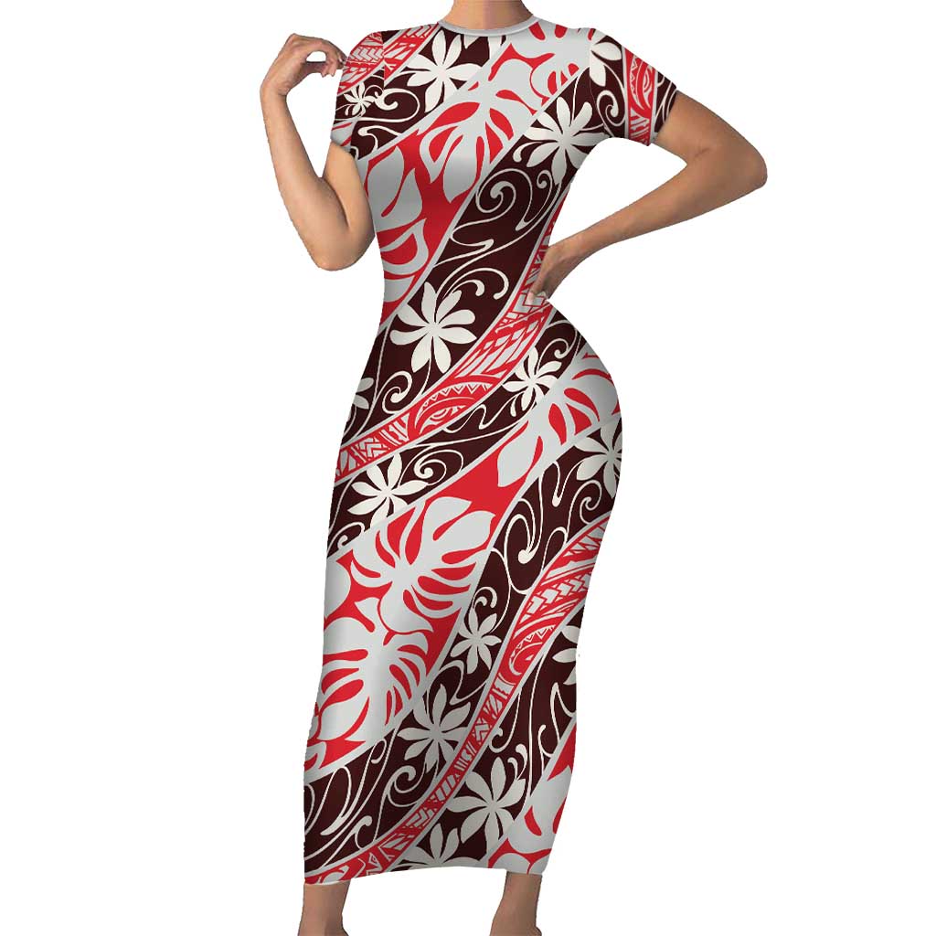 Uteute Tahiti Tiare Monstera Family Matching Short Sleeve Bodycon Dress and Hawaiian Shirt Polynesian Pattern Curve Style - Polynesian Pride