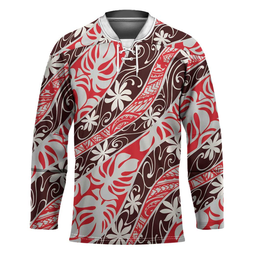 Uteute Tahiti Tiare Monstera Hockey Jersey Polynesian Pattern Curve Style - Polynesian Pride
