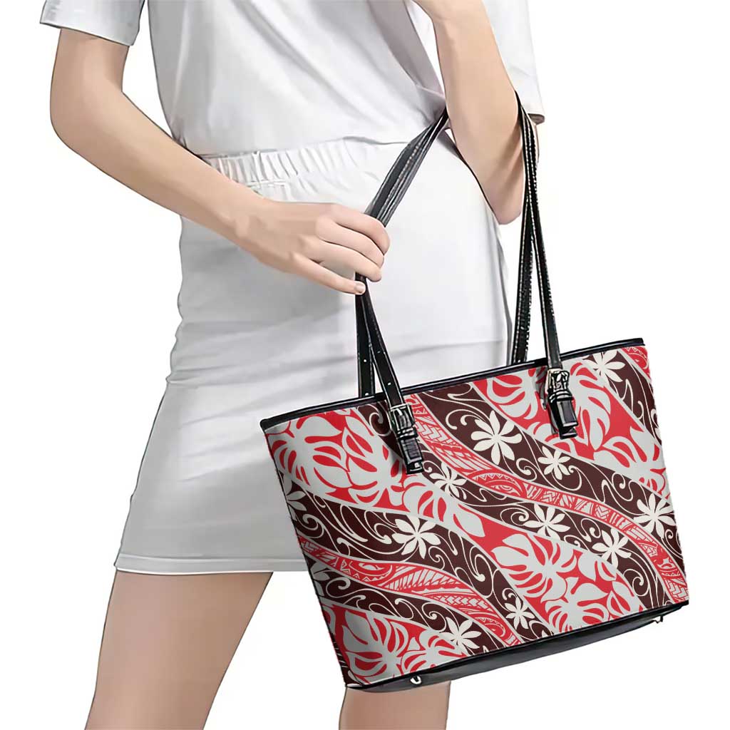 Uteute Tahiti Tiare Monstera Leather Tote Bag Polynesian Pattern Curve Style - Polynesian Pride
