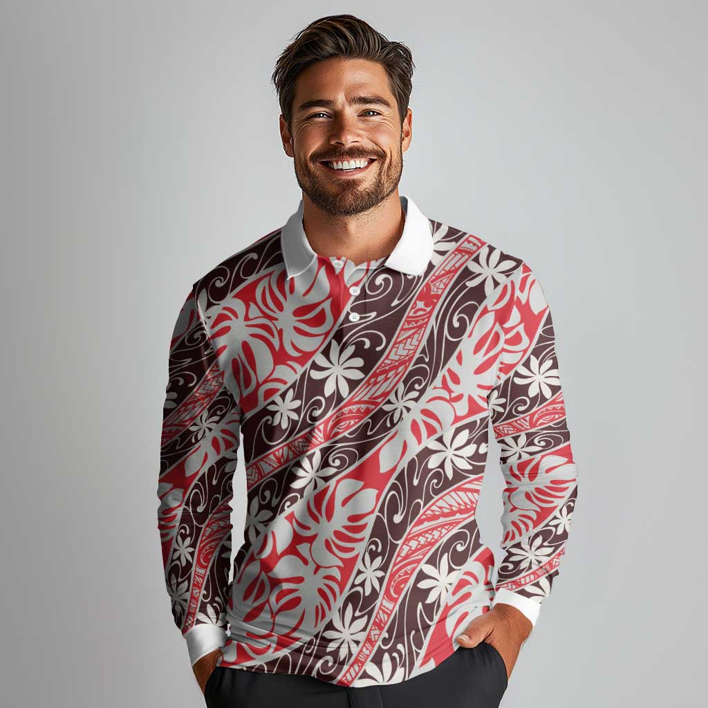Uteute Tahiti Tiare Monstera Long Sleeve Polo Shirt Polynesian Pattern Curve Style - Polynesian Pride