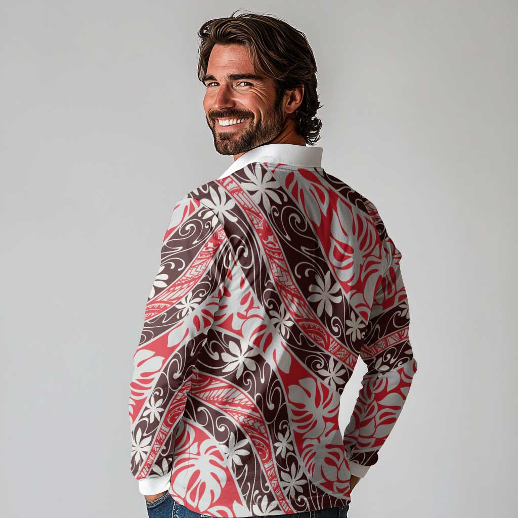 Uteute Tahiti Tiare Monstera Long Sleeve Polo Shirt Polynesian Pattern Curve Style - Polynesian Pride