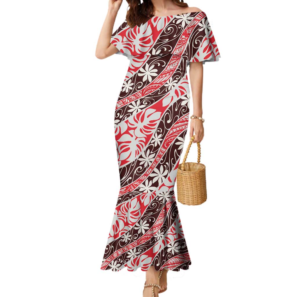Uteute Tahiti Tiare Monstera Mermaid Dress Polynesian Pattern Curve Style - Polynesian Pride