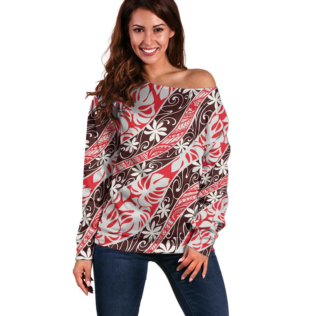 Uteute Tahiti Tiare Monstera Off Shoulder Sweater Polynesian Pattern Curve Style - Polynesian Pride
