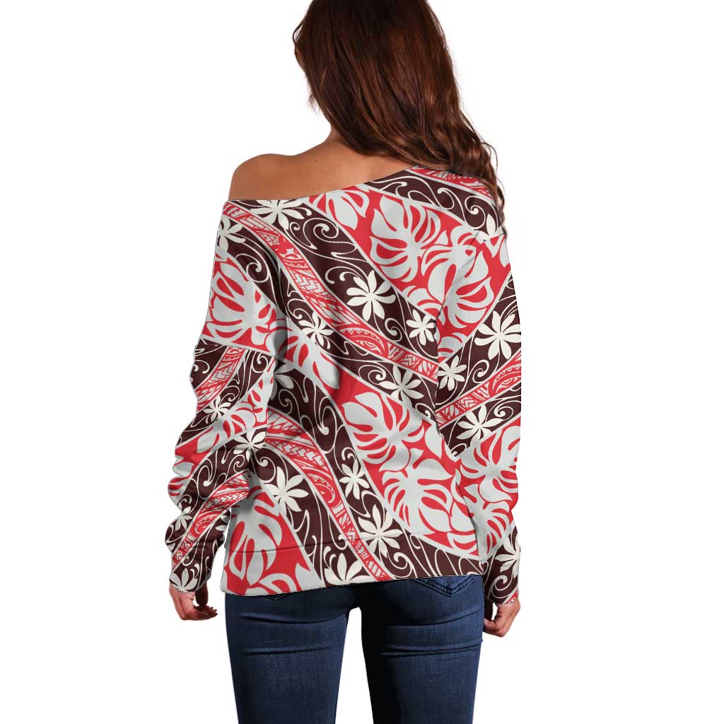 Uteute Tahiti Tiare Monstera Off Shoulder Sweater Polynesian Pattern Curve Style - Polynesian Pride