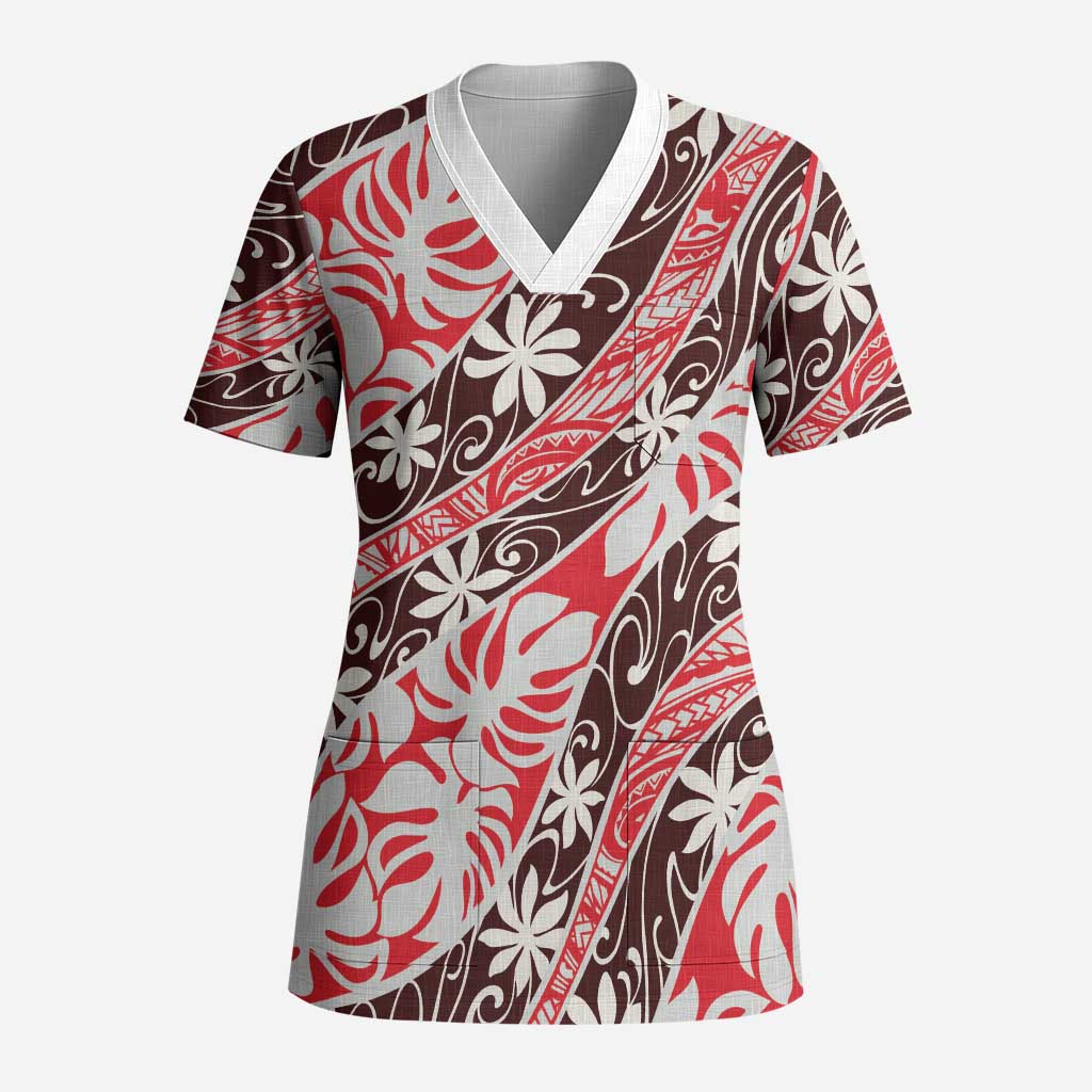 Uteute Tahiti Tiare Monstera Scrub Top Polynesian Pattern Curve Style - Polynesian Pride