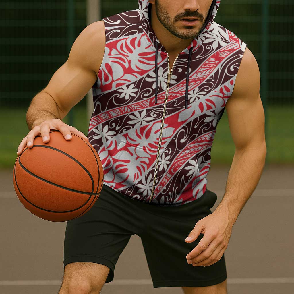 Uteute Tahiti Tiare Monstera Sleeveless Zip Hoodie Polynesian Pattern Curve Style - Polynesian Pride