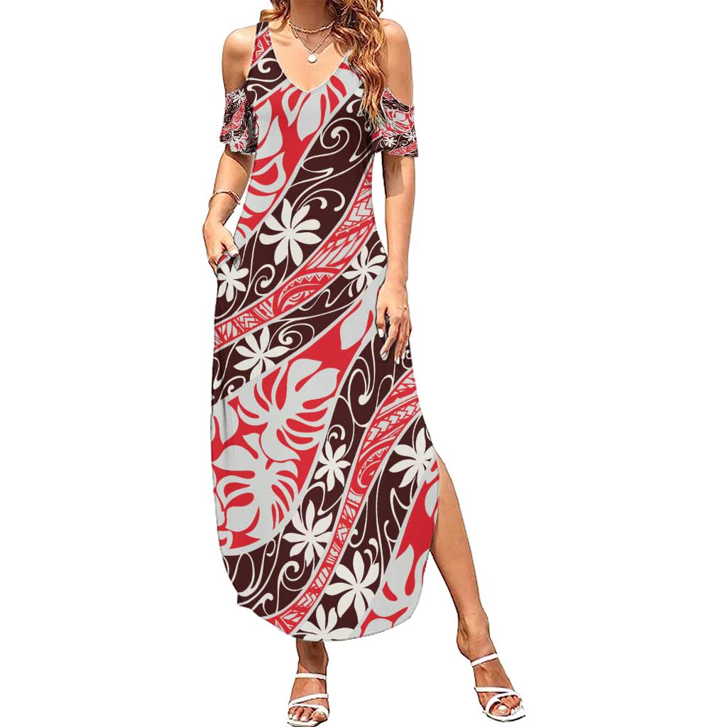 Uteute Tahiti Tiare Monstera Summer Maxi Dress Polynesian Pattern Curve Style - Polynesian Pride