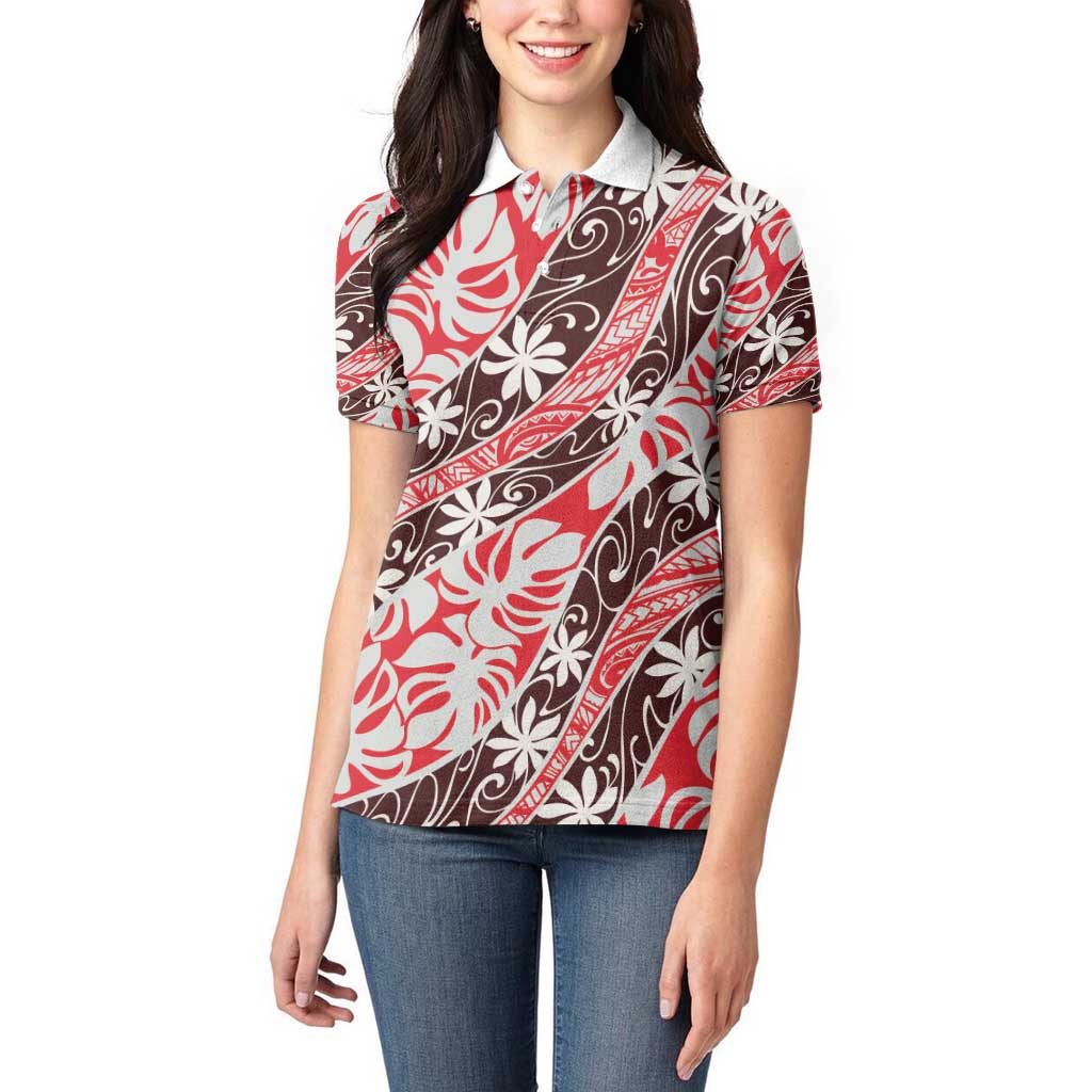 Uteute Tahiti Tiare Monstera Women Polo Shirt Polynesian Pattern Curve Style - Polynesian Pride