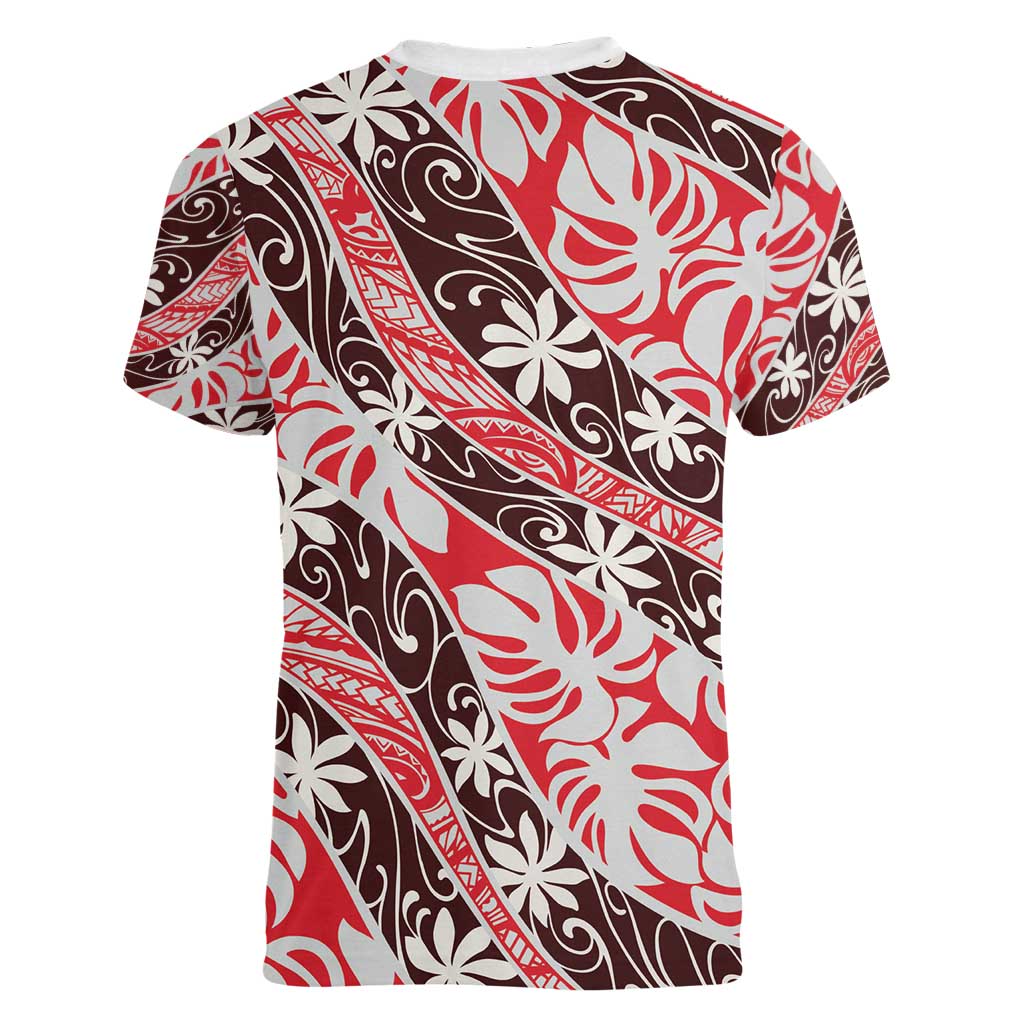 Uteute Tahiti Tiare Monstera Women V-Neck T-Shirt Polynesian Pattern Curve Style - Polynesian Pride