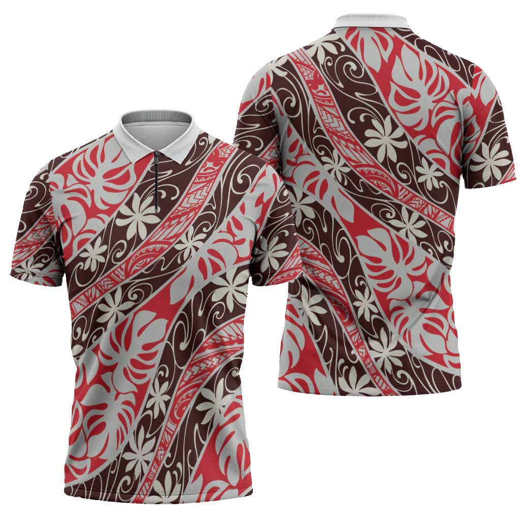 Uteute Tahiti Tiare Monstera Zipper Polo Shirt Polynesian Pattern Curve Style - Polynesian Pride