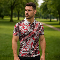 Uteute Tahiti Tiare Monstera Zipper Polo Shirt Polynesian Pattern Curve Style - Polynesian Pride