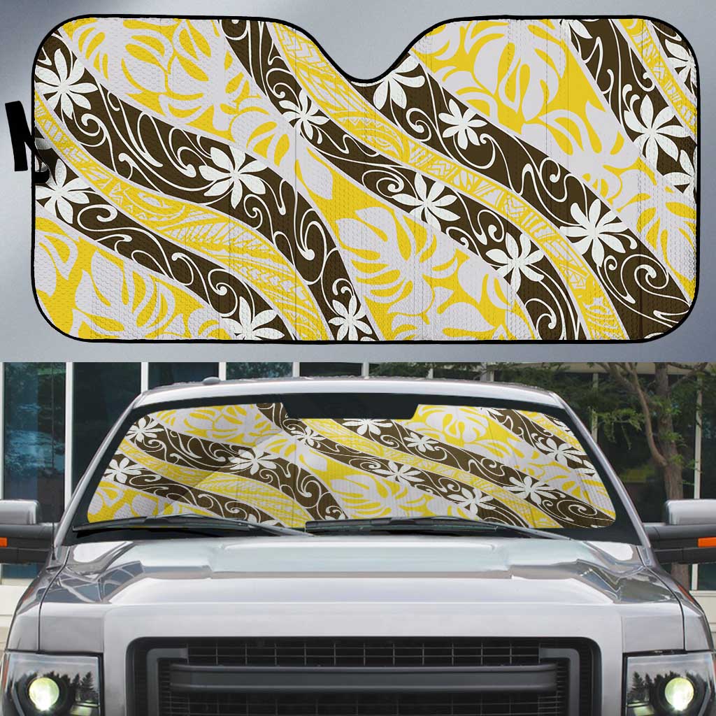 Rearea Tahiti Tiare Monstera Auto Sun Shade Polynesian Pattern Curve Style - Polynesian Pride