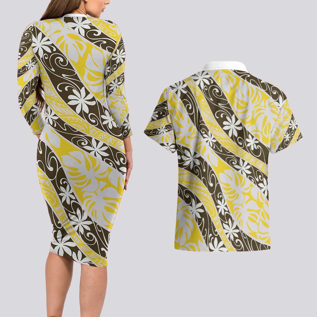 Rearea Tahiti Tiare Monstera Couples Matching Long Sleeve Bodycon Dress and Hawaiian Shirt Polynesian Pattern Curve Style - Polynesian Pride