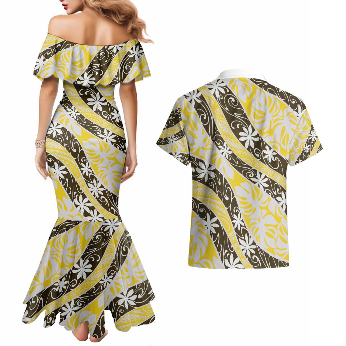 Rearea Tahiti Tiare Monstera Couples Matching Mermaid Dress and Hawaiian Shirt Polynesian Pattern Curve Style - Polynesian Pride