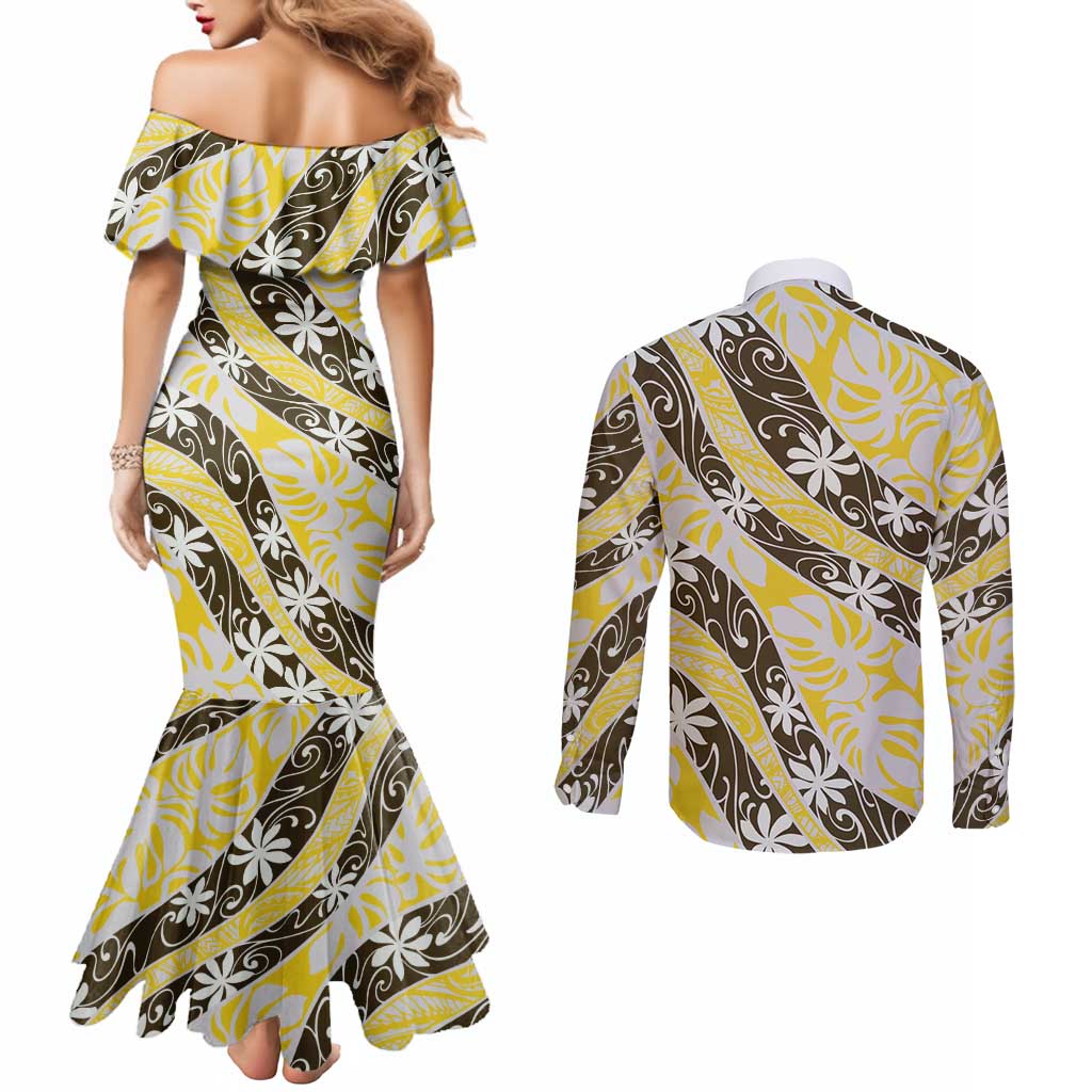 Rearea Tahiti Tiare Monstera Couples Matching Mermaid Dress and Long Sleeve Button Shirt Polynesian Pattern Curve Style - Polynesian Pride