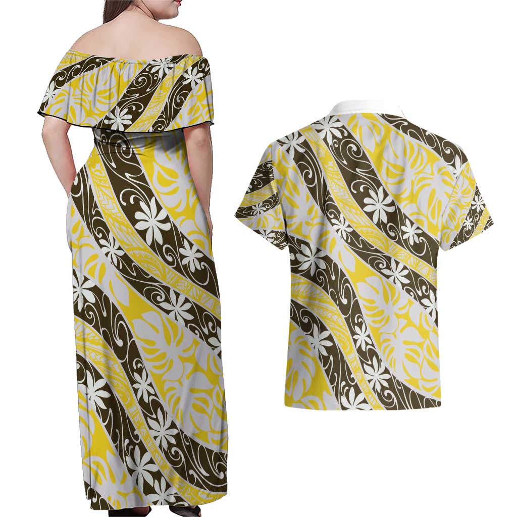 Rearea Tahiti Tiare Monstera Couples Matching Off Shoulder Maxi Dress and Hawaiian Shirt Polynesian Pattern Curve Style - Polynesian Pride